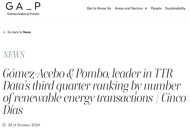 Gmez-Acebo & Pombo, leader in TTR Datas third quarter ranking by number of renewable energy transactions | Cinco Das